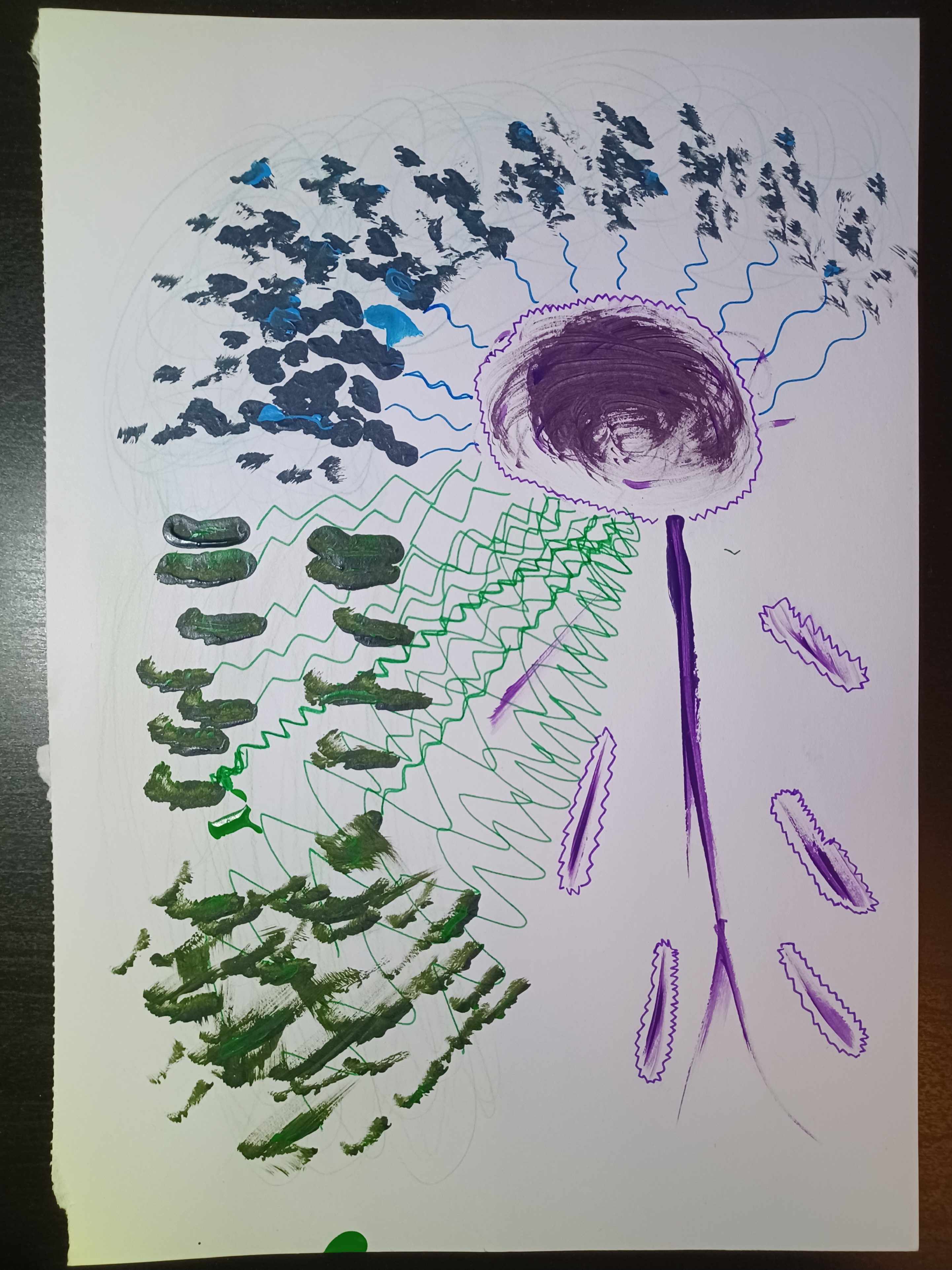 abstract painting on paper, purple stick figure with the notable feature being the brain surrounded by spiky marker, along with 6 &quote;arms&quote; surrounded by spiky marker. dark blue blots cover the top third, while dark green blots cover the bottom third. spiky green waves come from the dark green blots, while sinusoidal blue waves come from the dark blue blots. the middle third of the dark green blots suggest gel electrophoresis.